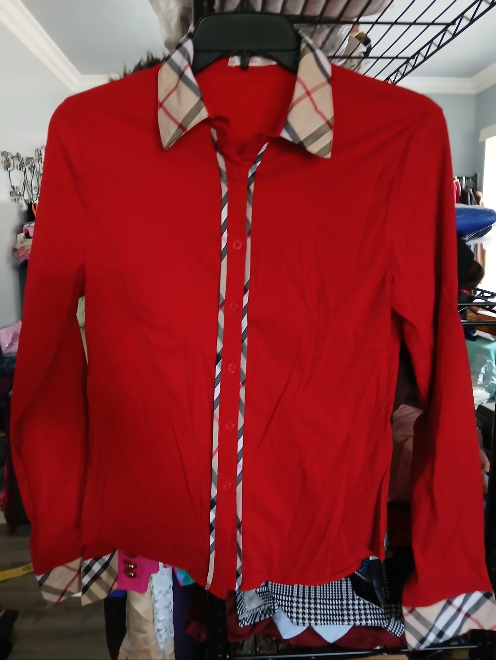 Red Button-Up Shirt with Plaid Trim